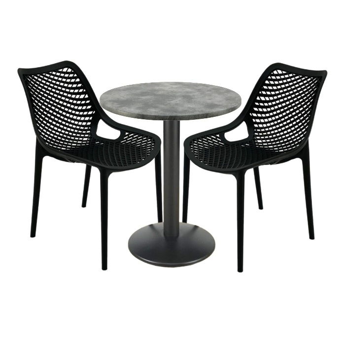 Set mobila de terasa bar, 2 scaune London Air negru suprapozabile cu masa rotunda 60x72cm Raki MAPLE blat werzalit si baza metalica, negru