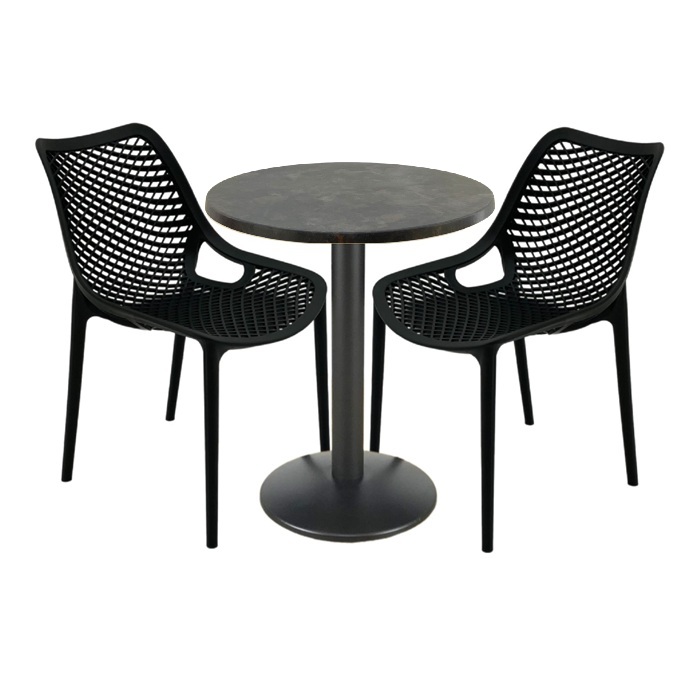 Set mobila de terasa bar, 2 scaune London Air negru suprapozabile cu masa rotunda 60x72cm Raki MAPLE blat werzalit si baza metalica, negru