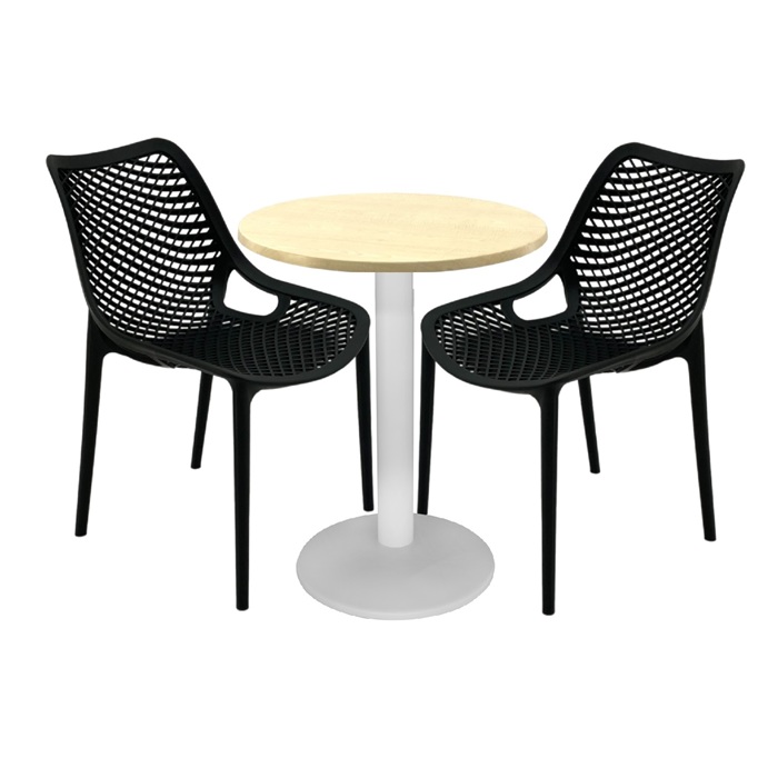 Set mobila de terasa cafenea,  2 scaune London Air negru suprapozabile cu masa rotunda 60x72cm Raki MAPLEblat werzalit si picior metalic alb