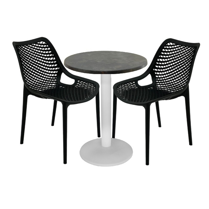 Set mobila de terasa cafenea,  2 scaune London Air negru suprapozabile cu masa rotunda 60x72cm Raki MAPLEblat werzalit si picior metalic alb