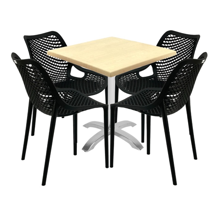 Set mobila de terasa cafenea, 4 scaune London Air negru suprapozabile cu masa patrata 70x70x74cm Raki MAPLE blat werzalit,baza  aluminiu