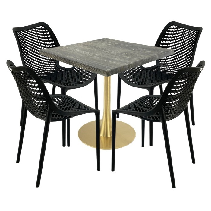 Set mobila de terasa cafenea, masa Raki Maple 80x80x74cm blat werzalit,4 scaune London Air negru suprapozabile ,picior metalic,baza rotunda,auriu
