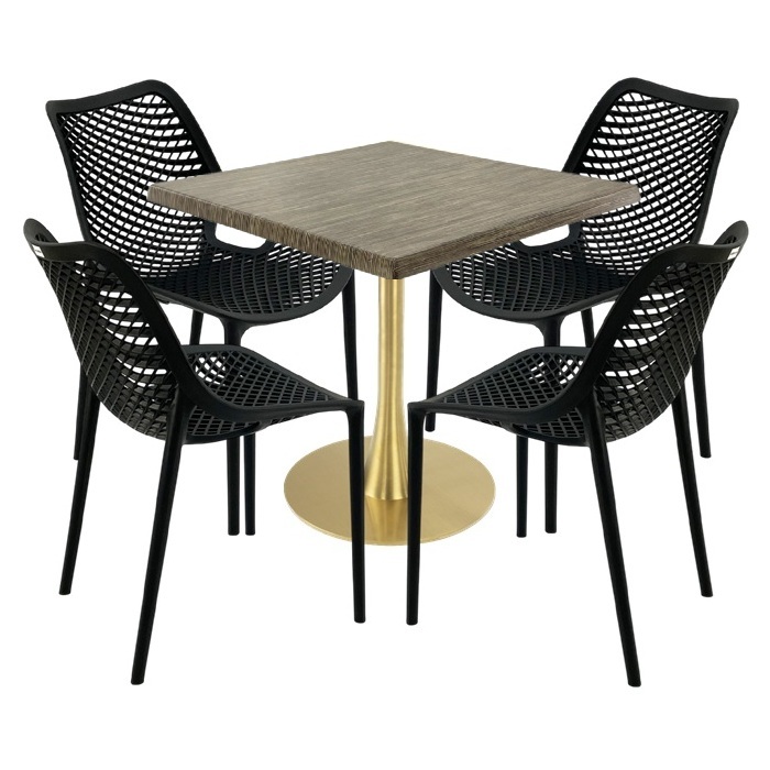 Set mobila de terasa cafenea, masa Raki Maple 80x80x74cm blat werzalit,4 scaune London Air negru suprapozabile ,picior metalic,baza rotunda,auriu