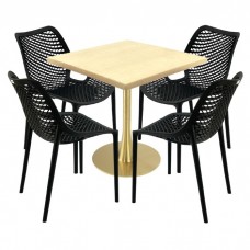 Set mobila de terasa cafenea, masa Raki Maple 80x80x74cm blat werzalit,4 scaune London Air negru suprapozabile ,picior metalic,baza rotunda,auriu