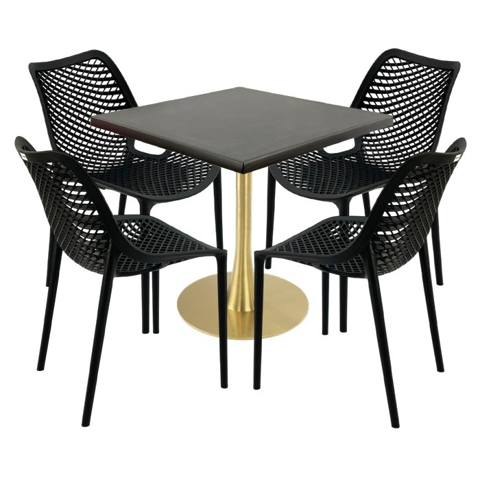 Set mobila de terasa cafenea, masa Raki Maple 80x80x74cm blat werzalit,4 scaune London Air negru suprapozabile ,picior metalic,baza rotunda,auriu