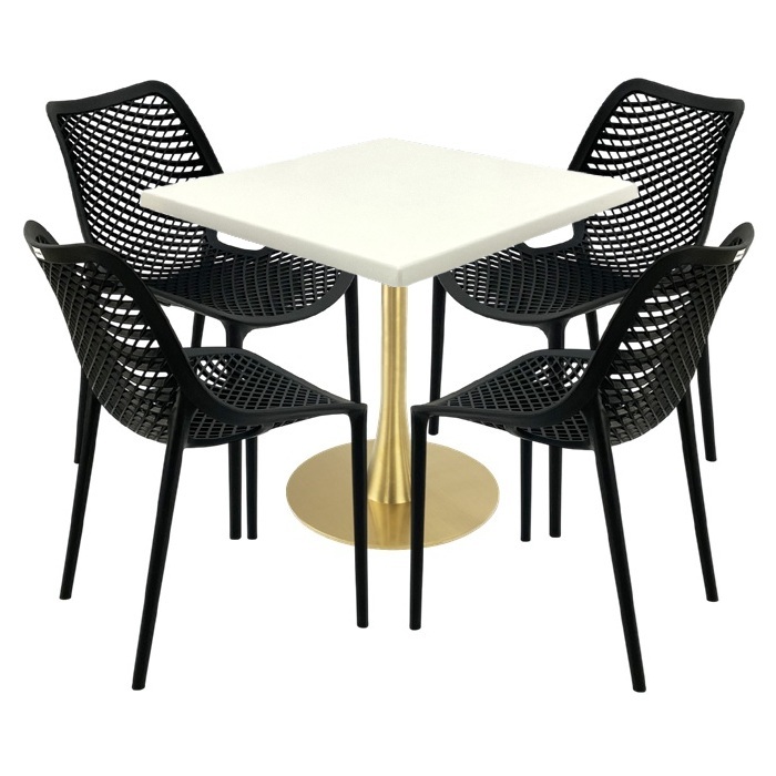 Set mobila de terasa cafenea, masa Raki Maple 80x80x74cm blat werzalit,4 scaune London Air negru suprapozabile ,picior metalic,baza rotunda,auriu