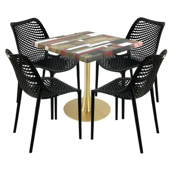 Set mobila de terasa cafenea, masa Raki Maple 80x80x74cm blat werzalit,4 scaune London Air negru suprapozabile ,picior metalic,baza rotunda,auriu
