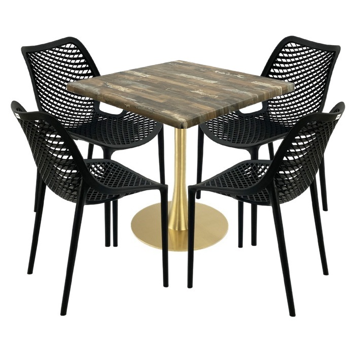 Set mobila de terasa cafenea, masa Raki Maple 80x80x74cm blat werzalit,4 scaune London Air negru suprapozabile ,picior metalic,baza rotunda,auriu