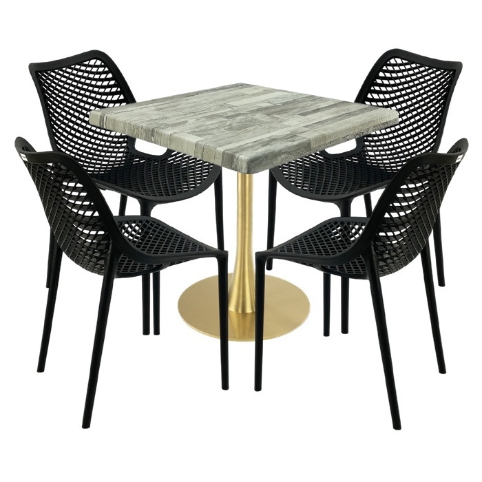 Set mobila de terasa cafenea, masa Raki Maple 80x80x74cm blat werzalit,4 scaune London Air negru suprapozabile ,picior metalic,baza rotunda,auriu