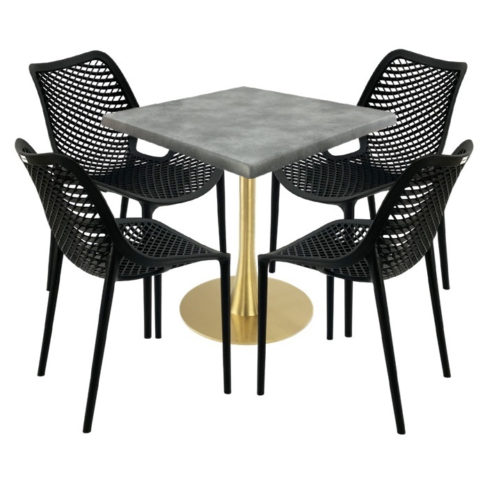 Set mobila de terasa cafenea, masa Raki Maple 80x80x74cm blat werzalit,4 scaune London Air negru suprapozabile ,picior metalic,baza rotunda,auriu
