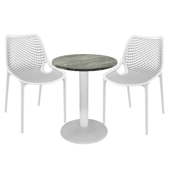 Set mobila de terasa cafenea, scaune London Air albe cu masa rotunda 60x74cm Raki MAPLEblat werzalit si picior metalic alb