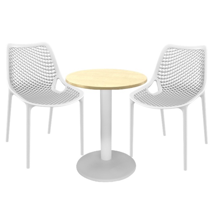 Set mobila de terasa cafenea, scaune London Air albe cu masa rotunda 60x74cm Raki MAPLEblat werzalit si picior metalic alb