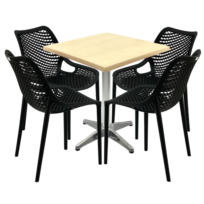 Set mobila de terasa restaurant, 4 scaune London Air negru suprapozabile cu masa patrata 70x70x74cm Raki MAPLE blat werzalit si baza aluminiu