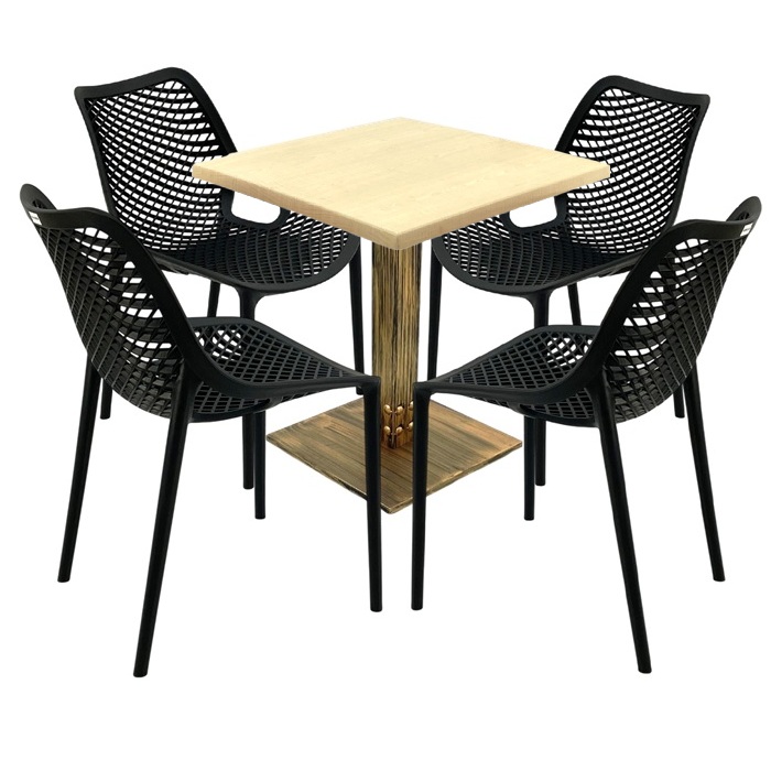 Set mobila de terasa restaurant,masa  70x70x74cm Raki MAPLE blat werzalit, 4 scaune London Air negru suprapozabile , picior metalic aspect bronz antichizat