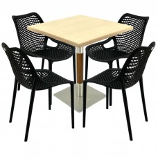 Set mobila de terasa restaurant, masa Raki Maple 80x80x74cm blat werzalit,4 scaune London Air negru suprapozabile, picior crom aspect lemn