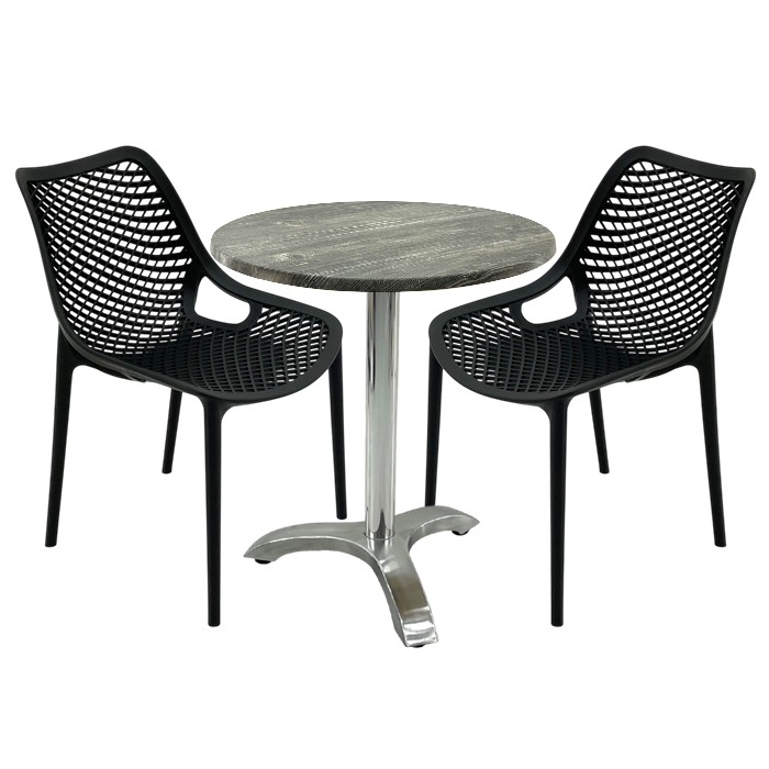 Set mobila de terasa restaurant,masa Raki MAPLE blat werzalit 70x72cm, 2 scaune London Air negru suprapozabile , picior aluminiu