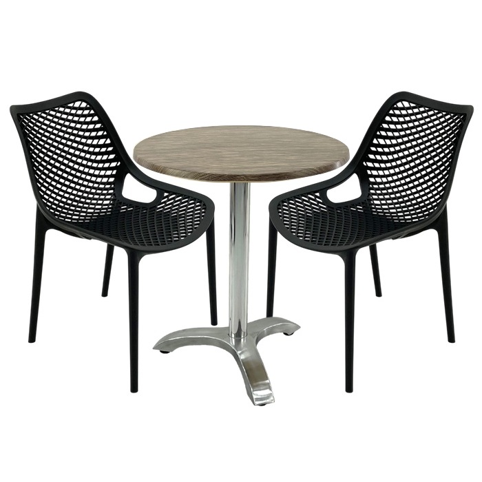 Set mobila de terasa restaurant,masa Raki MAPLE blat werzalit 70x72cm, 2 scaune London Air negru suprapozabile , picior aluminiu