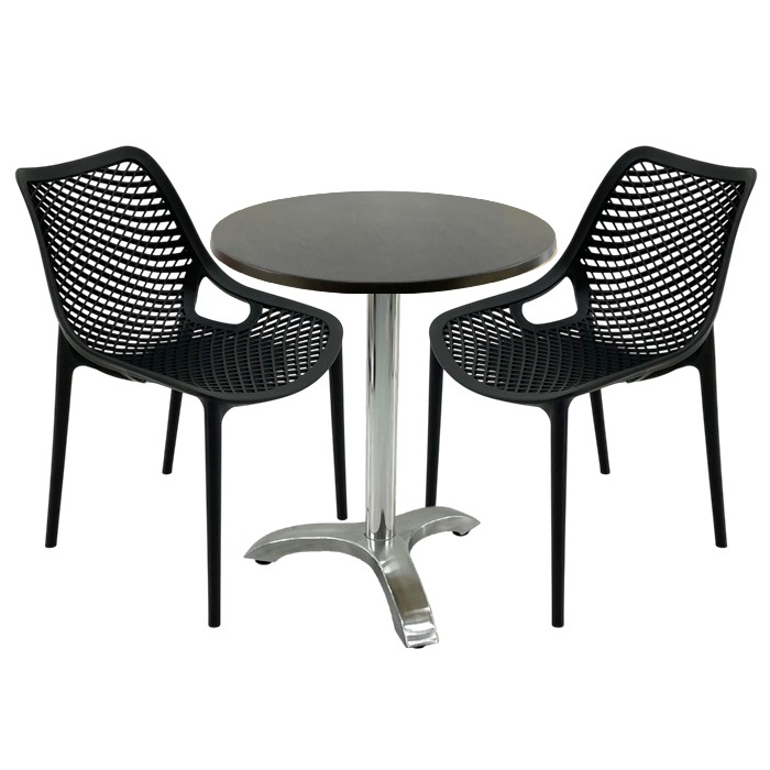 Set mobila de terasa restaurant,masa Raki MAPLE blat werzalit 70x72cm, 2 scaune London Air negru suprapozabile , picior aluminiu