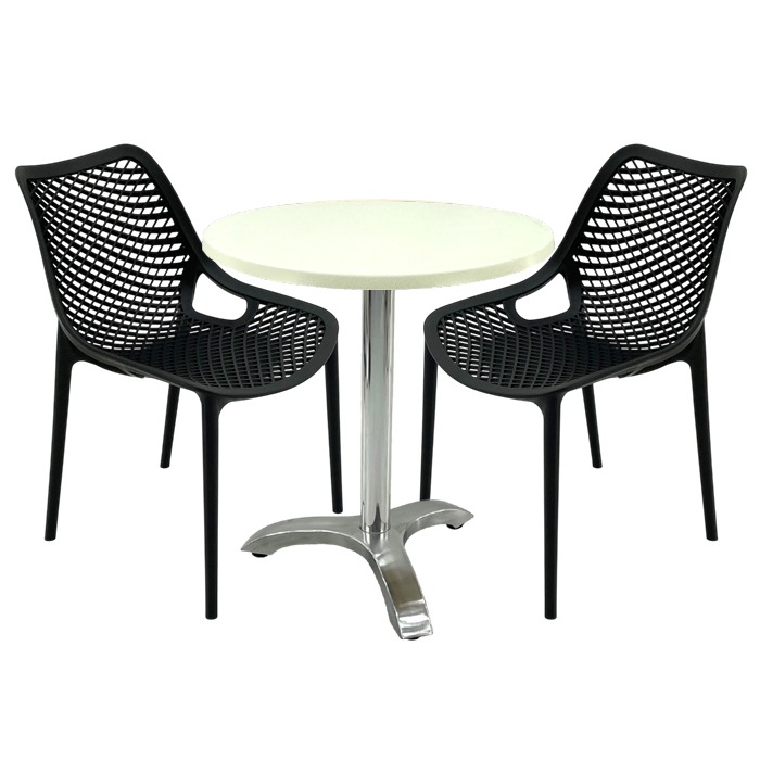 Set mobila de terasa restaurant,masa Raki MAPLE blat werzalit 70x72cm, 2 scaune London Air negru suprapozabile , picior aluminiu