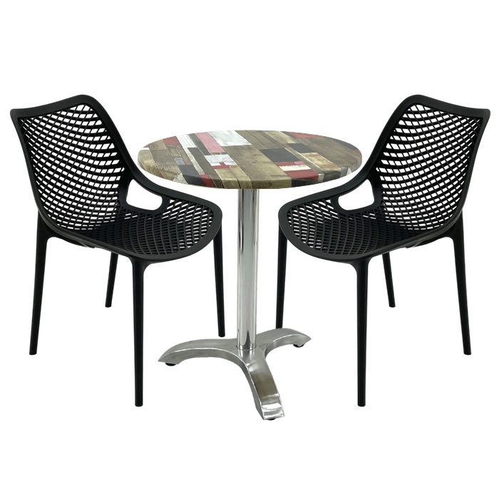 Set mobila de terasa restaurant,masa Raki MAPLE blat werzalit 70x72cm, 2 scaune London Air negru suprapozabile , picior aluminiu