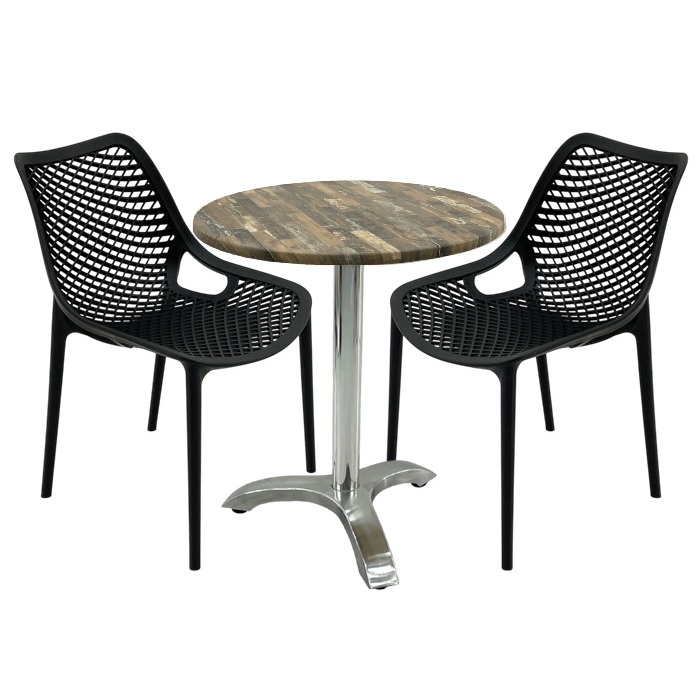 Set mobila de terasa restaurant,masa Raki MAPLE blat werzalit 70x72cm, 2 scaune London Air negru suprapozabile , picior aluminiu