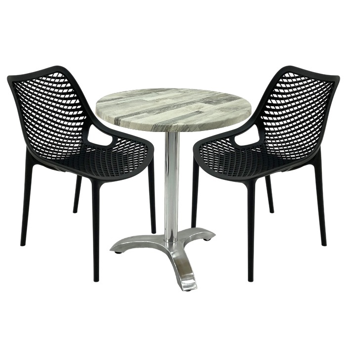 Set mobila de terasa restaurant,masa Raki MAPLE blat werzalit 70x72cm, 2 scaune London Air negru suprapozabile , picior aluminiu