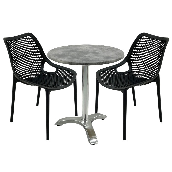 Set mobila de terasa restaurant,masa Raki MAPLE blat werzalit 70x72cm, 2 scaune London Air negru suprapozabile , picior aluminiu