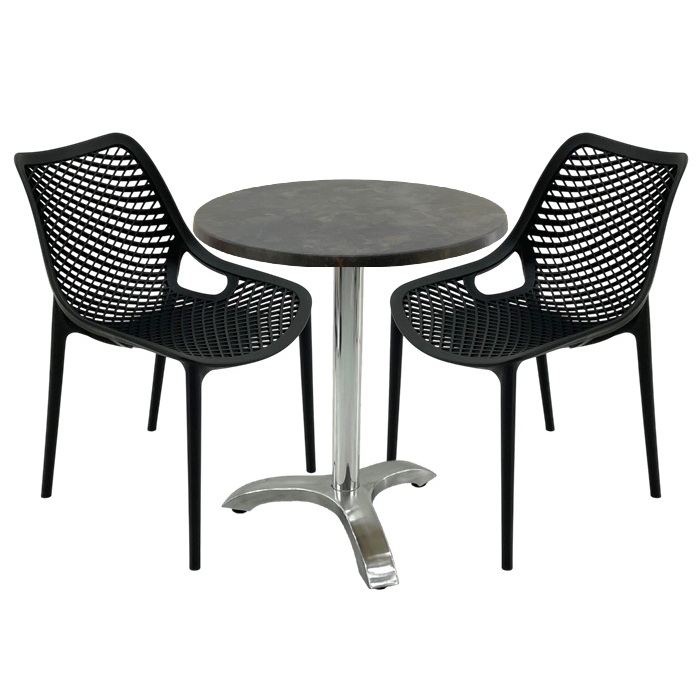 Set mobila de terasa restaurant,masa Raki MAPLE blat werzalit 70x72cm, 2 scaune London Air negru suprapozabile , picior aluminiu