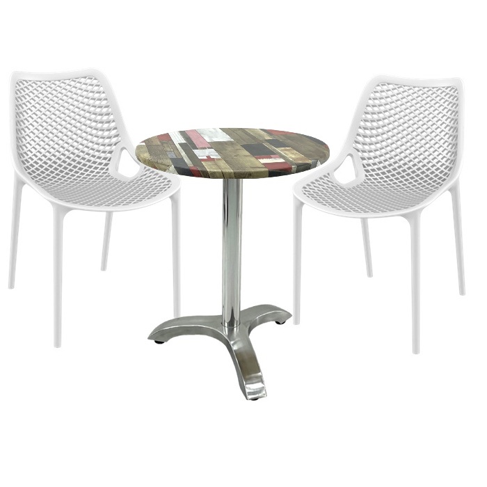 Set mobila de terasa restaurant,masa Raki MAPLE blat werzalit 70x72cm cu picior aluminiu, 2 scaune London Air albe