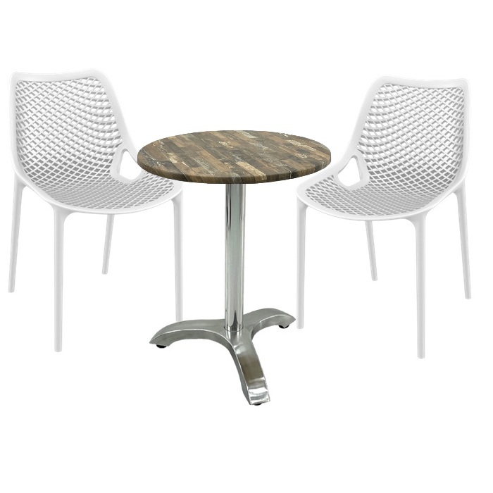 Set mobila de terasa restaurant,masa Raki MAPLE blat werzalit 70x72cm cu picior aluminiu, 2 scaune London Air albe