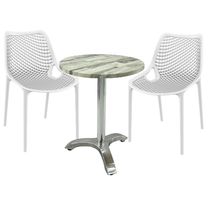 Set mobila de terasa restaurant,masa Raki MAPLE blat werzalit 70x72cm cu picior aluminiu, 2 scaune London Air albe