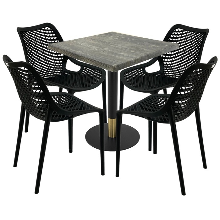 Set mobila pentru cafenea, masa  70x70x74cm Raki MAPLE blat werzalit,4 scaune London Air negru suprapozabile,picior metalic,baza rotunda,negru/auriu