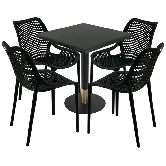 Set mobila pentru cafenea, masa  70x70x74cm Raki MAPLE blat werzalit,4 scaune London Air negru suprapozabile,picior metalic,baza rotunda,negru/auriu
