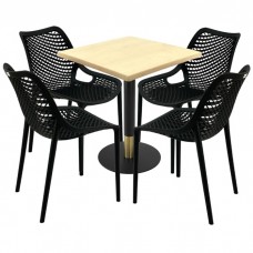 Set mobila pentru cafenea, masa  70x70x74cm Raki MAPLE blat werzalit,4 scaune London Air negru suprapozabile,picior metalic,baza rotunda,negru/auriu