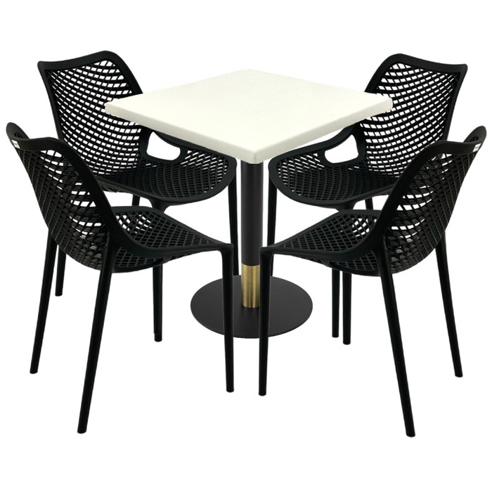 Set mobila pentru cafenea, masa  70x70x74cm Raki MAPLE blat werzalit,4 scaune London Air negru suprapozabile,picior metalic,baza rotunda,negru/auriu