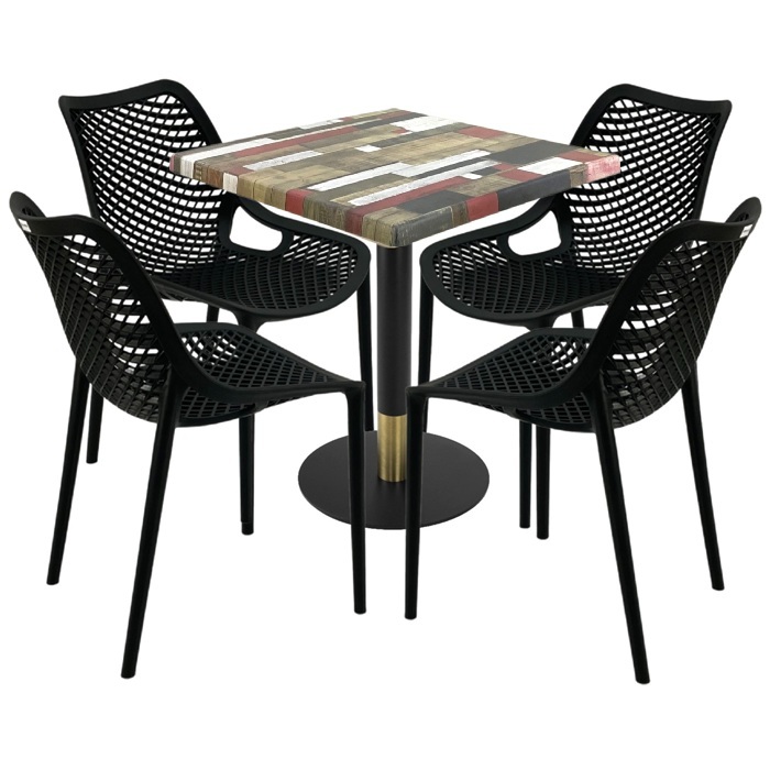 Set mobila pentru cafenea, masa  70x70x74cm Raki MAPLE blat werzalit,4 scaune London Air negru suprapozabile,picior metalic,baza rotunda,negru/auriu