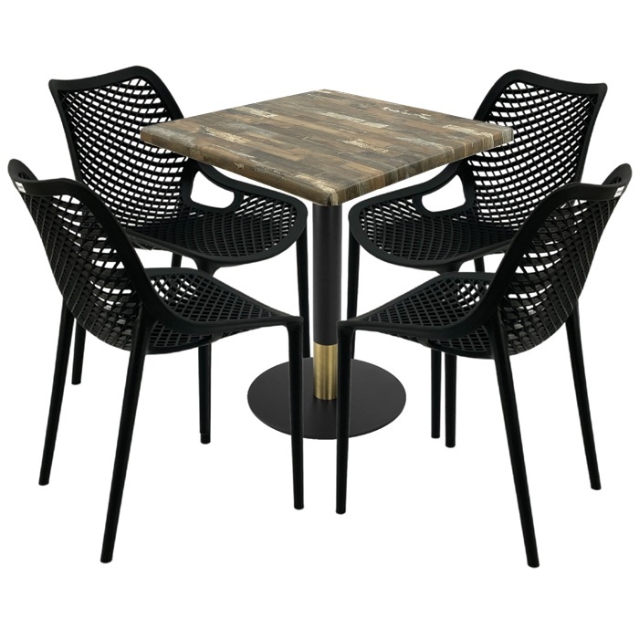 Set mobila pentru cafenea, masa  70x70x74cm Raki MAPLE blat werzalit,4 scaune London Air negru suprapozabile,picior metalic,baza rotunda,negru/auriu
