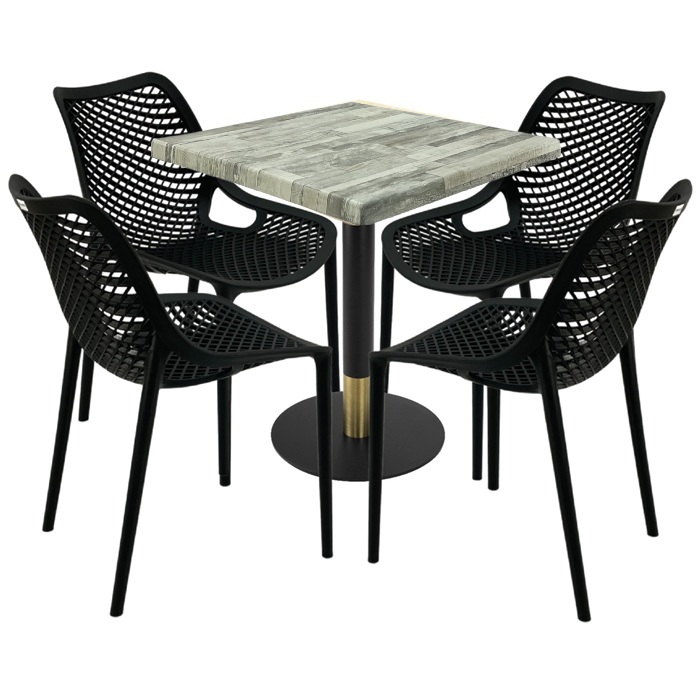 Set mobila pentru cafenea, masa  70x70x74cm Raki MAPLE blat werzalit,4 scaune London Air negru suprapozabile,picior metalic,baza rotunda,negru/auriu