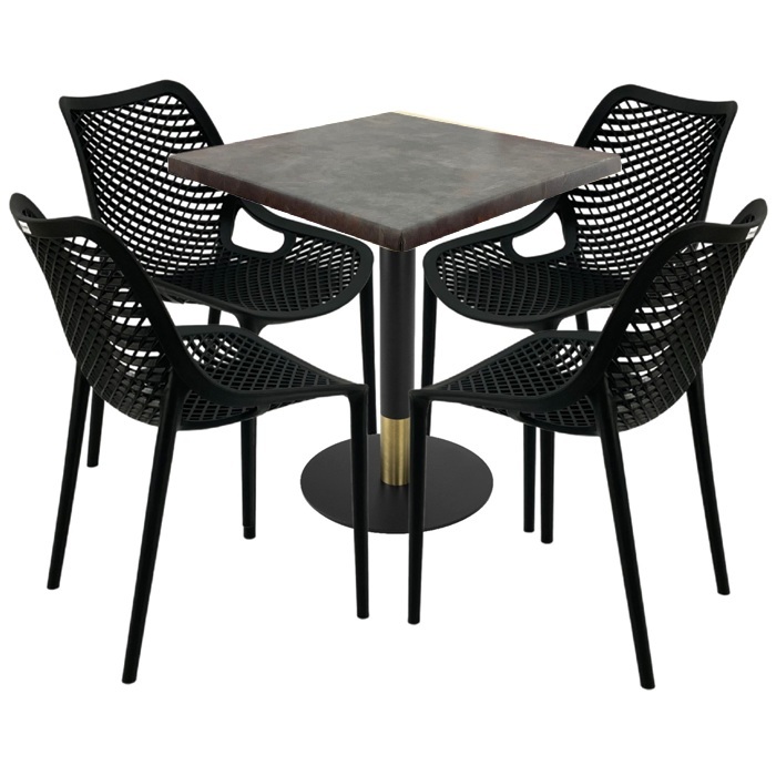 Set mobila pentru cafenea, masa  70x70x74cm Raki MAPLE blat werzalit,4 scaune London Air negru suprapozabile,picior metalic,baza rotunda,negru/auriu