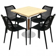 Set mobila pentru cafenea, masa Raki Maple 80x80x74cm blat werzalit,4 scaune London Air negru suprapozabile ,baza crom aspect lemn