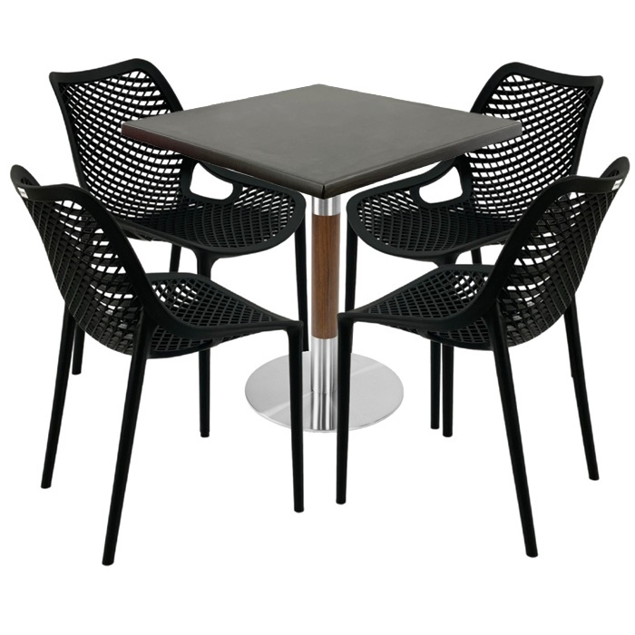 Set mobila pentru cafenea, masa Raki Maple 80x80x74cm blat werzalit,4 scaune London Air negru suprapozabile ,baza crom aspect lemn