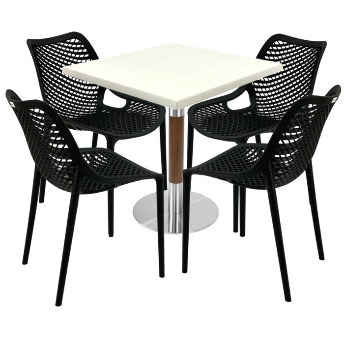 Set mobila pentru cafenea, masa Raki Maple 80x80x74cm blat werzalit,4 scaune London Air negru suprapozabile ,baza crom aspect lemn