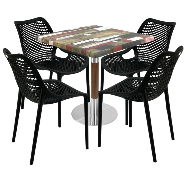 Set mobila pentru cafenea, masa Raki Maple 80x80x74cm blat werzalit,4 scaune London Air negru suprapozabile ,baza crom aspect lemn