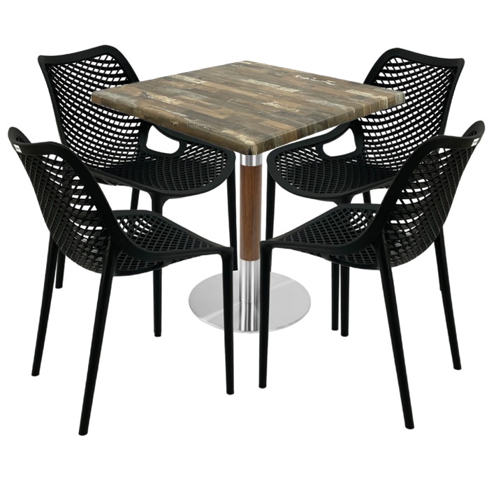 Set mobila pentru cafenea, masa Raki Maple 80x80x74cm blat werzalit,4 scaune London Air negru suprapozabile ,baza crom aspect lemn