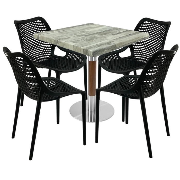 Set mobila pentru cafenea, masa Raki Maple 80x80x74cm blat werzalit,4 scaune London Air negru suprapozabile ,baza crom aspect lemn