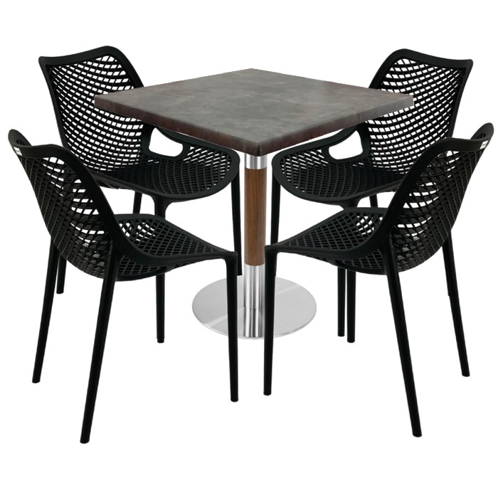 Set mobila pentru cafenea, masa Raki Maple 80x80x74cm blat werzalit,4 scaune London Air negru suprapozabile ,baza crom aspect lemn