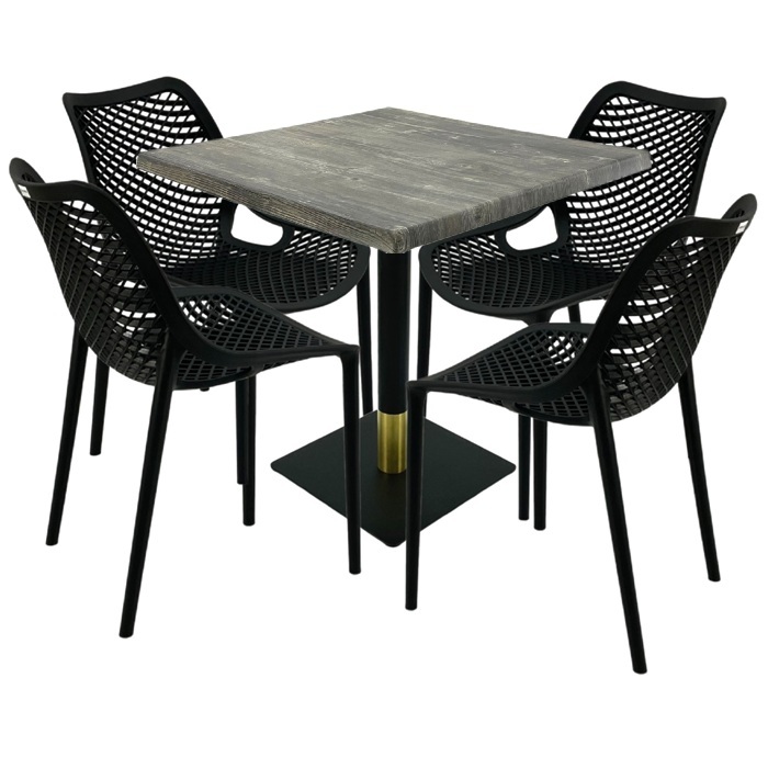 Set mobila pentru restaurant, 4 scaune London Air negru suprapozabile cu masa patrata 80x80x74cm Raki Maple blat werzalit si picior metalic negru/auriu