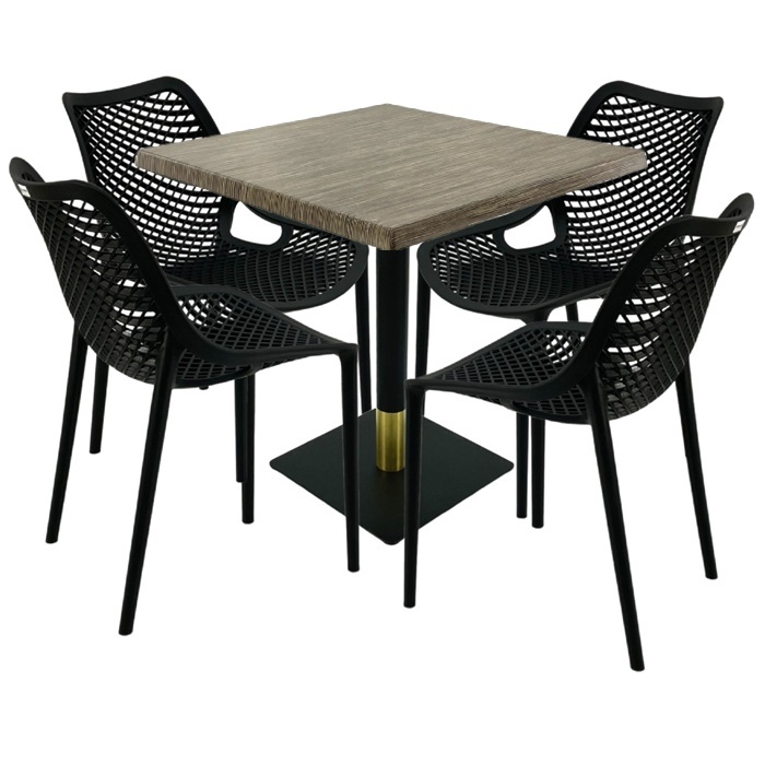 Set mobila pentru restaurant, 4 scaune London Air negru suprapozabile cu masa patrata 80x80x74cm Raki Maple blat werzalit si picior metalic negru/auriu