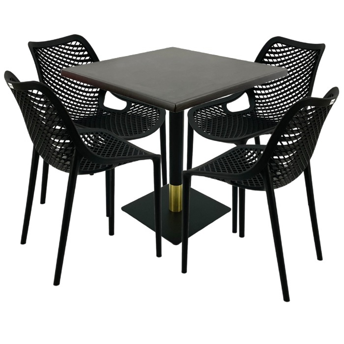 Set mobila pentru restaurant, 4 scaune London Air negru suprapozabile cu masa patrata 80x80x74cm Raki Maple blat werzalit si picior metalic negru/auriu