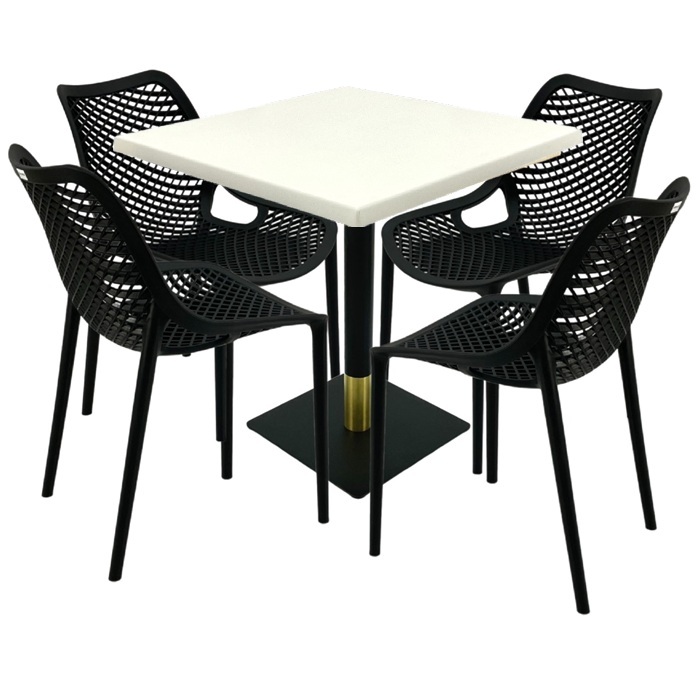 Set mobila pentru restaurant, 4 scaune London Air negru suprapozabile cu masa patrata 80x80x74cm Raki Maple blat werzalit si picior metalic negru/auriu